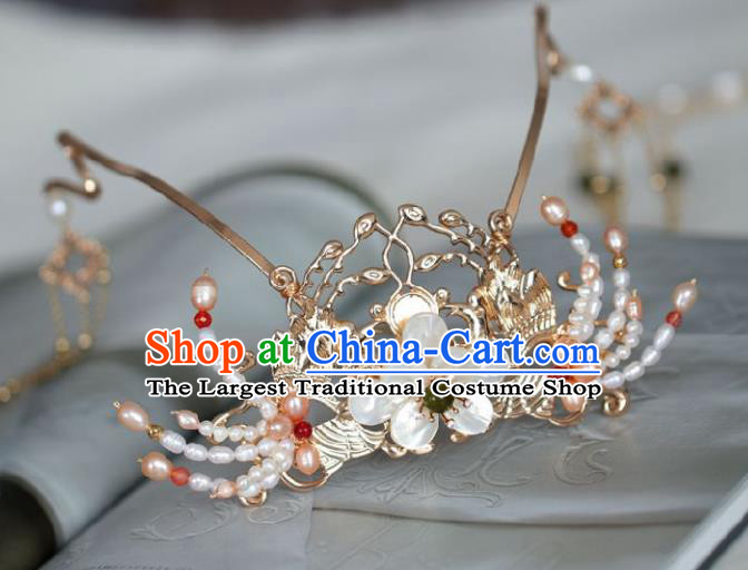 Chinese Handmade Ming Dynasty Queen Pearls Hair Crown Hairpins Ancient Hanfu Hair Accessories for Women