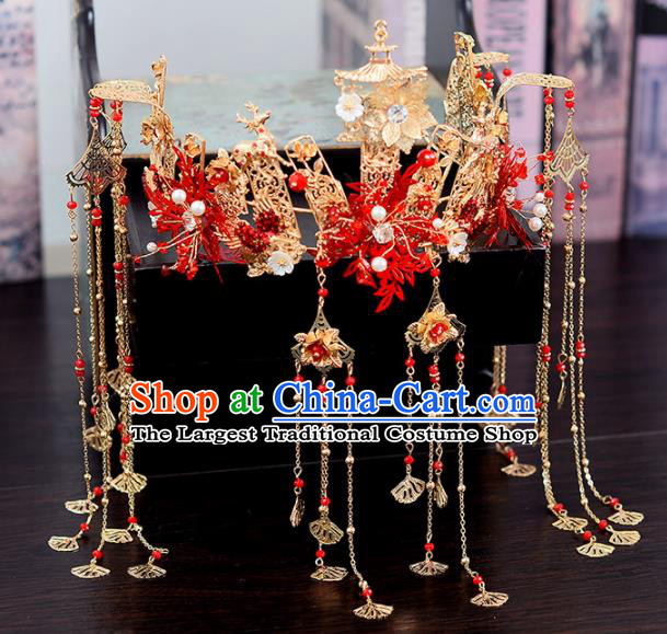 Chinese Traditional Wedding Red Leaf Hair Crown Handmade Bride Hair Accessories for Women