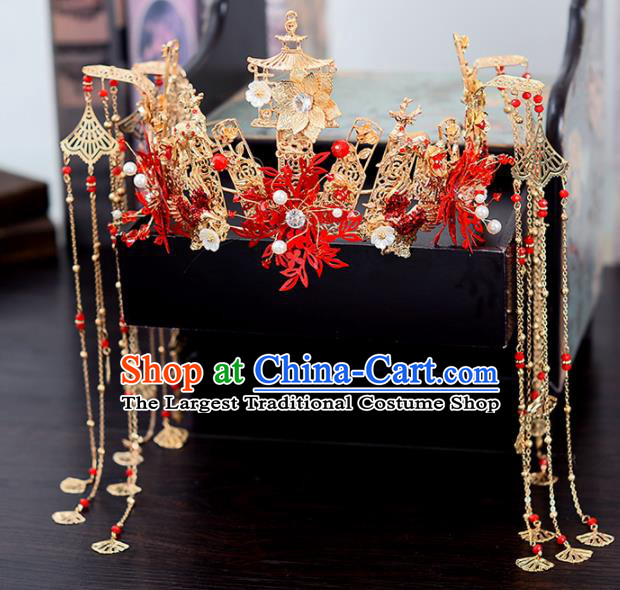 Chinese Traditional Wedding Red Leaf Hair Crown Handmade Bride Hair Accessories for Women