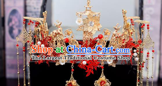 Chinese Traditional Wedding Red Leaf Hair Crown Handmade Bride Hair Accessories for Women