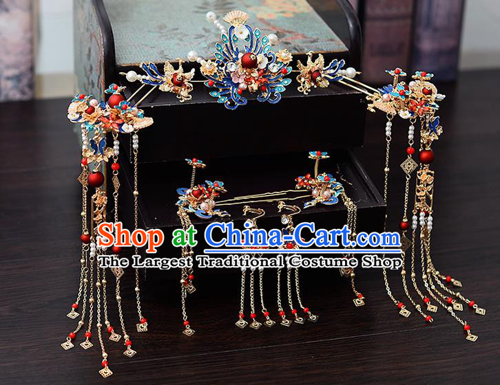 Chinese Traditional Wedding Cloisonne Tassel Hair Crown Hairpins Handmade Bride Hair Accessories for Women