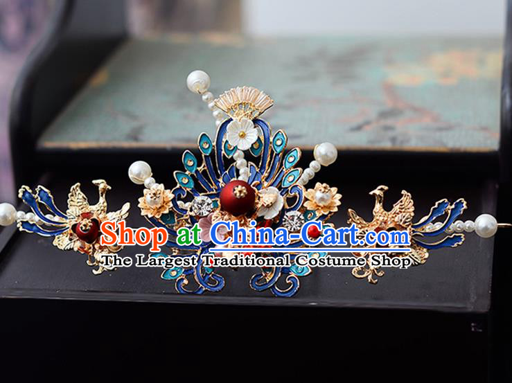 Chinese Traditional Wedding Cloisonne Tassel Hair Crown Hairpins Handmade Bride Hair Accessories for Women
