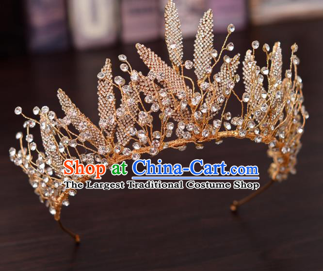 Top Handmade Bride Golden Crystal Leaf Royal Crown Wedding Hair Accessories for Women