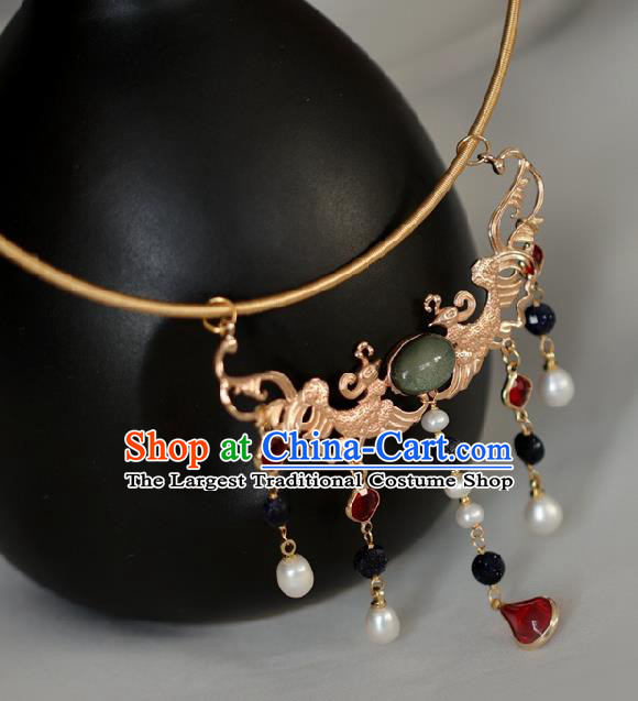 Chinese Traditional Ming Dynasty Golden Phoenix Necklace Handmade Ancient Princess Necklet Accessories for Women