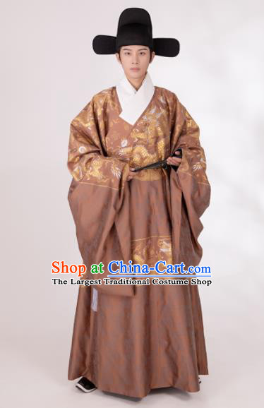 Traditional Chinese Scholar Hanfu Brown Brocade Robe Ancient Ming Dynasty Minister Historical Costumes for Men
