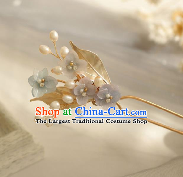 Chinese Handmade Ming Dynasty Princess Golden Leaf Pearls Hairpins Ancient Hanfu Hair Accessories for Women