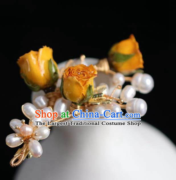 Chinese Handmade Ming Dynasty Princess Orange Flowers Pearls Hair Claw Hairpins Ancient Hanfu Hair Accessories for Women