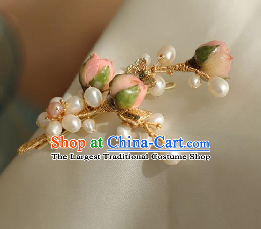 Chinese Handmade Ming Dynasty Princess Pink Flowers Pearls Hair Claw Hairpins Ancient Hanfu Hair Accessories for Women