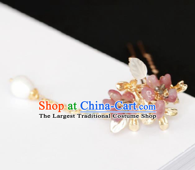 Chinese Handmade Tang Dynasty Princess Pink Stone Peach Blossom Hairpins Ancient Hanfu Hair Accessories for Women