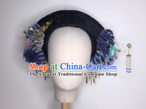 Chinese Handmade Qing Dynasty Court Velvet Flowers Hairpins Hat Phoenix Coronet Ancient Empress Hair Accessories for Women