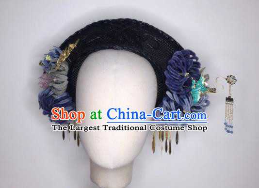 Chinese Handmade Qing Dynasty Court Velvet Flowers Hairpins Hat Phoenix Coronet Ancient Empress Hair Accessories for Women