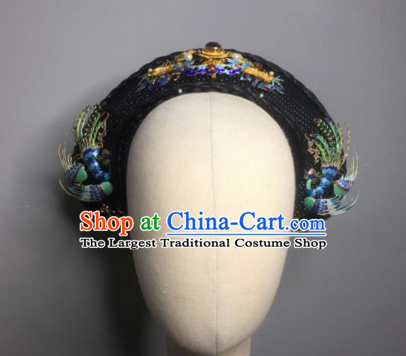 Chinese Handmade Qing Dynasty Manchu Imperial Consort Cloisonne Hairpins Hat Phoenix Coronet Ancient Empress Hair Accessories for Women