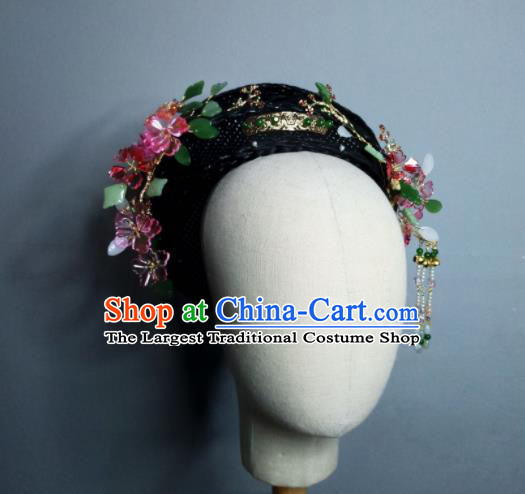 Chinese Handmade Qing Dynasty Manchu Imperial Consort Rosy Flower Hairpins Hat Ancient Empress Hair Accessories for Women