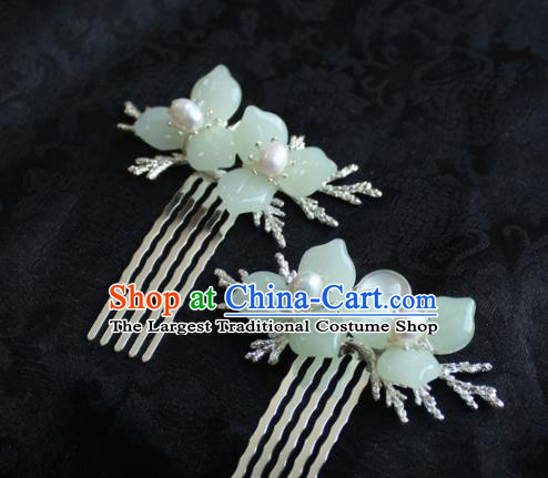 Chinese Handmade Ming Dynasty Princess Green Flower Hair Comb Hairpins Ancient Hanfu Hair Accessories for Women