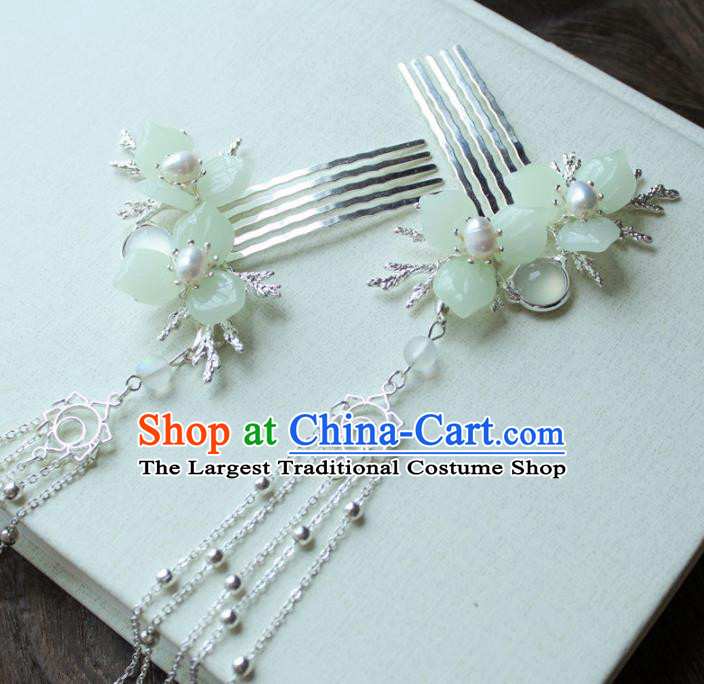 Chinese Handmade Ming Dynasty Princess Green Flower Hair Comb Hairpins Ancient Hanfu Hair Accessories for Women