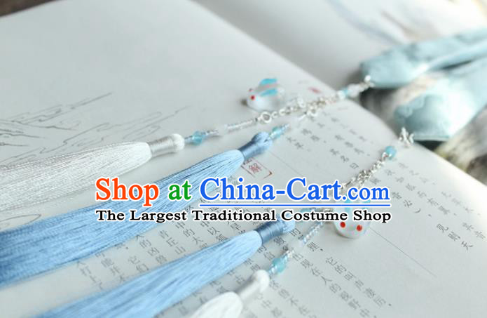 Chinese Traditional Hanfu Ming Dynasty Blue Ribbon Tassel Headband Handmade Ancient Princess Hair Accessories for Women