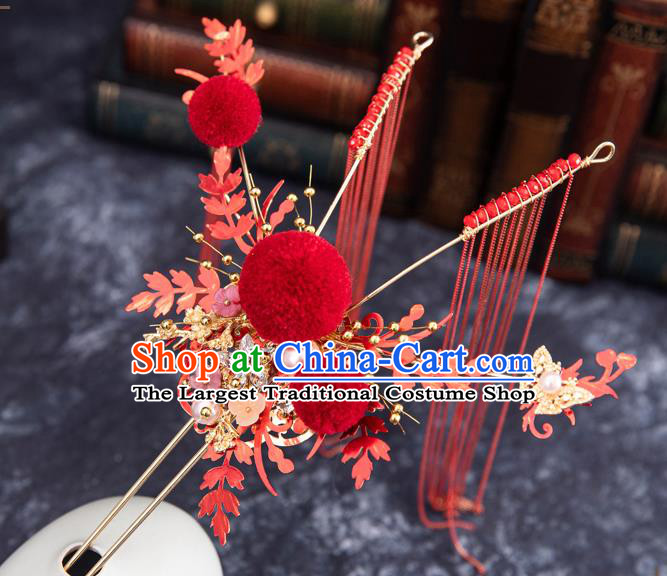 Chinese Traditional Wedding Hanfu Red Hair Crown Tassel Hairpins Handmade Ancient Bride Dragonfly Hair Accessories for Women