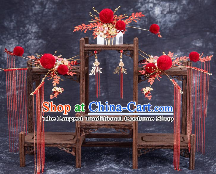 Chinese Traditional Wedding Hanfu Red Hair Crown Tassel Hairpins Handmade Ancient Bride Dragonfly Hair Accessories for Women