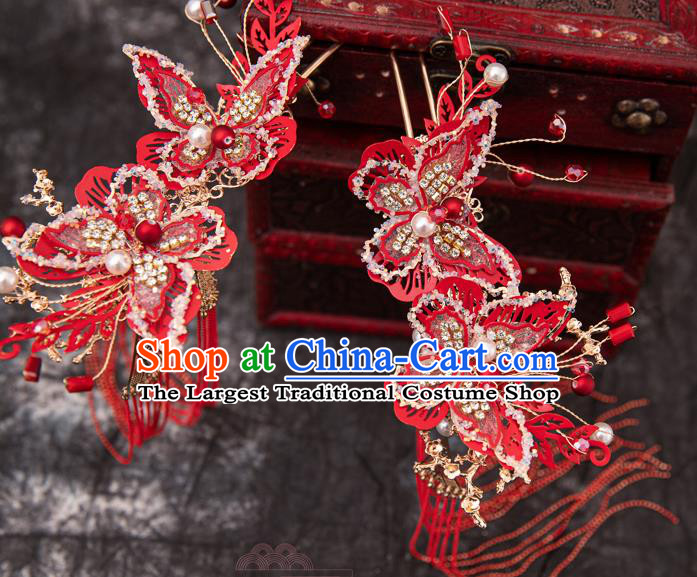 Traditional Chinese Handmade Wedding Red Butterfly Hairpins Phoenix Coronet Ancient Bride Hair Accessories for Women