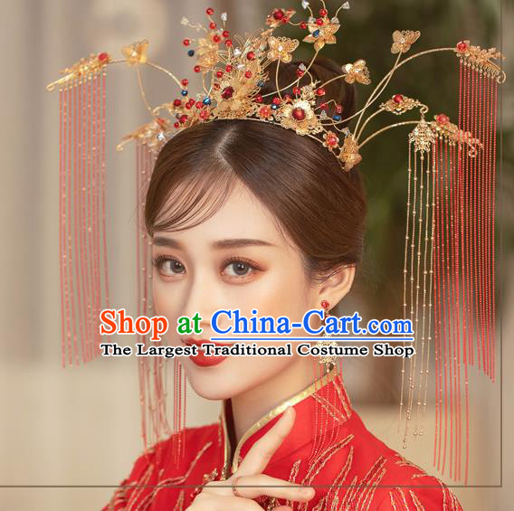 Traditional Chinese Handmade Hairpins Red Tassel Phoenix Coronet Ancient Bride Hair Accessories for Women