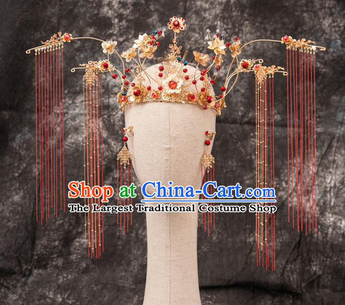 Traditional Chinese Handmade Hairpins Red Tassel Phoenix Coronet Ancient Bride Hair Accessories for Women