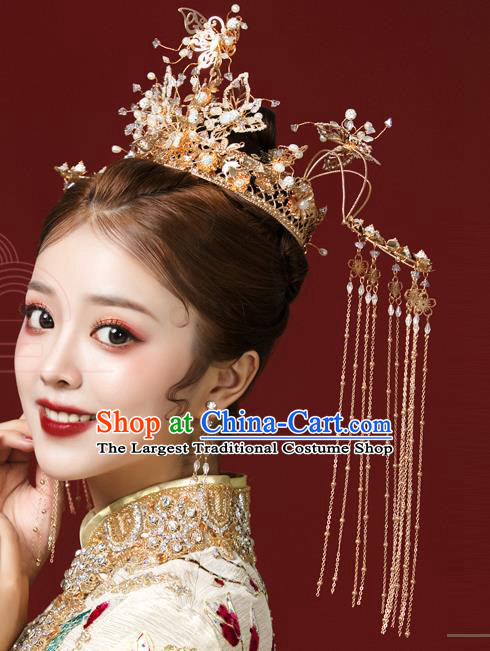 Traditional Chinese Handmade Hairpins Golden Butterfly Phoenix Coronet Ancient Bride Hair Accessories for Women