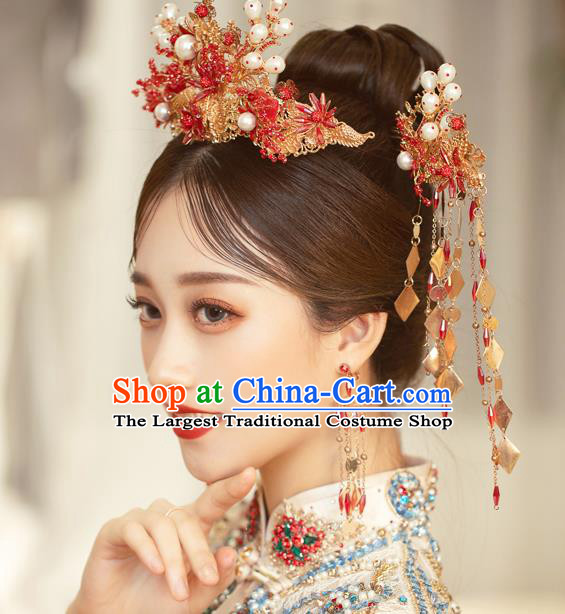 Traditional Chinese Handmade Hairpins Red Flowers Phoenix Coronet Ancient Bride Hair Accessories for Women