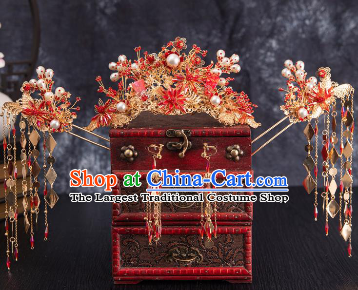 Traditional Chinese Handmade Hairpins Red Flowers Phoenix Coronet Ancient Bride Hair Accessories for Women