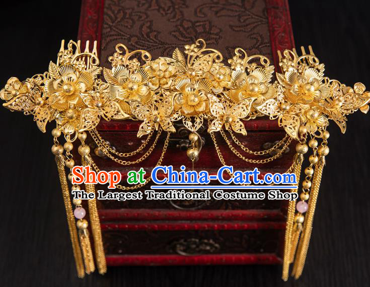 Traditional Chinese Handmade Hairpins Golden Hair Comb Ancient Bride Hair Accessories for Women
