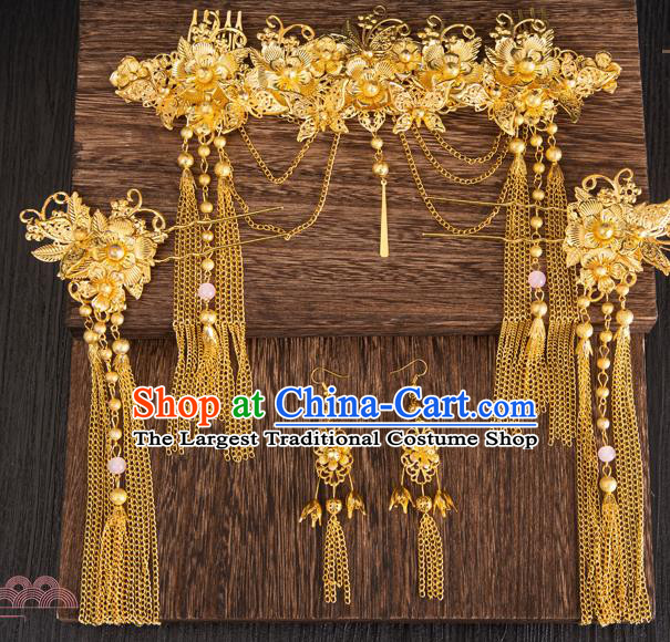 Traditional Chinese Handmade Hairpins Golden Hair Comb Ancient Bride Hair Accessories for Women