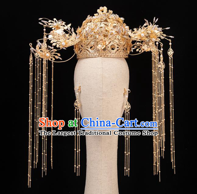 Traditional Chinese Handmade Golden Tassel Hair Crown Hairpins Ancient Bride Hair Accessories for Women