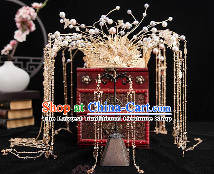 Traditional Chinese Handmade Golden Crown Hairpins Ancient Bride Hair Accessories for Women
