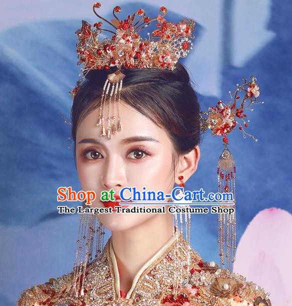 Traditional Chinese Wedding Red Phoenix Coronet Hairpins Handmade Ancient Bride Hair Accessories for Women
