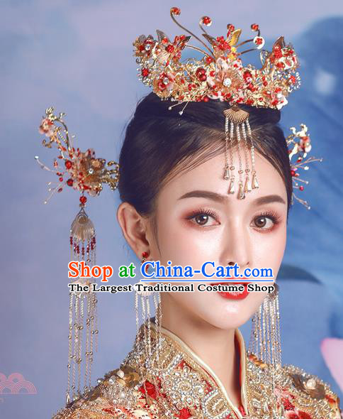 Traditional Chinese Wedding Red Phoenix Coronet Hairpins Handmade Ancient Bride Hair Accessories for Women