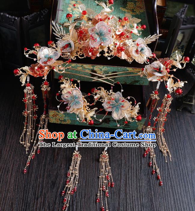Traditional Chinese Wedding Silk Plum Phoenix Coronet Hairpins Handmade Ancient Bride Hair Accessories for Women