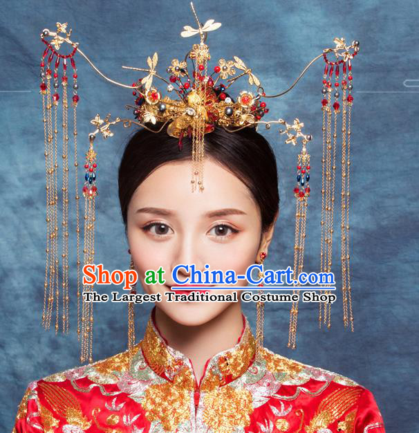 Traditional Chinese Wedding Luxury Dragonfly Phoenix Coronet Hairpins Handmade Ancient Bride Hair Accessories for Women