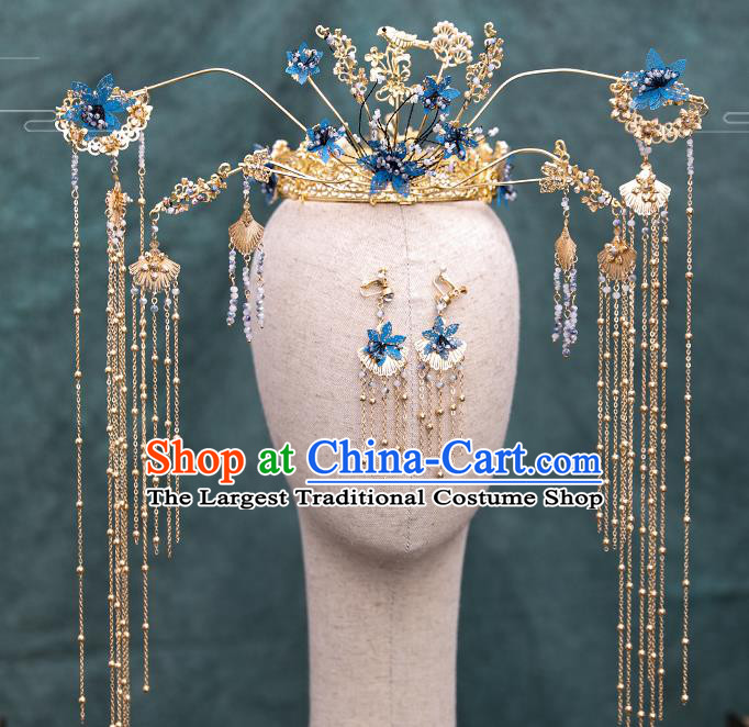 Traditional Chinese Wedding Blue Flowers Phoenix Coronet Hairpins Handmade Ancient Bride Hair Accessories for Women