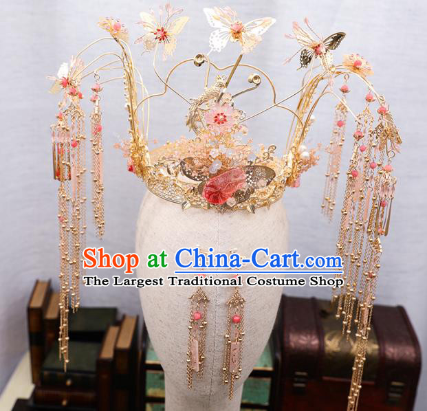 Traditional Chinese Wedding Golden Butterfly Phoenix Coronet Hairpins Handmade Ancient Bride Hair Accessories for Women
