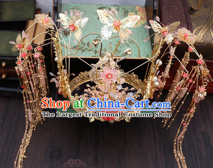 Traditional Chinese Wedding Golden Butterfly Phoenix Coronet Hairpins Handmade Ancient Bride Hair Accessories for Women