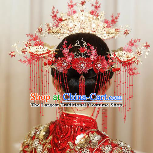 Traditional Chinese Handmade Red Flowers Chaplet Hairpins Ancient Bride Hair Accessories for Women