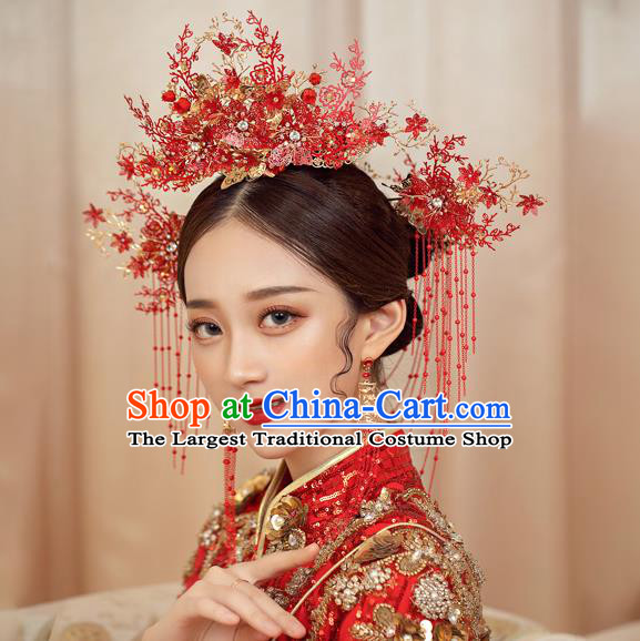 Traditional Chinese Handmade Red Flowers Chaplet Hairpins Ancient Bride Hair Accessories for Women