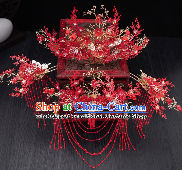 Traditional Chinese Handmade Red Flowers Chaplet Hairpins Ancient Bride Hair Accessories for Women