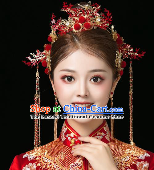 Traditional Chinese Handmade Red Hair Crown Chaplet Hairpins Ancient Bride Hair Accessories for Women