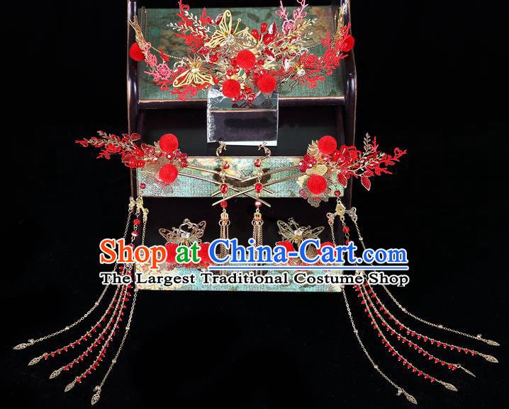 Traditional Chinese Handmade Red Hair Crown Chaplet Hairpins Ancient Bride Hair Accessories for Women