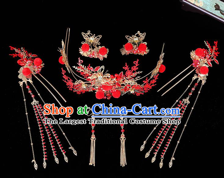 Traditional Chinese Handmade Red Hair Crown Chaplet Hairpins Ancient Bride Hair Accessories for Women