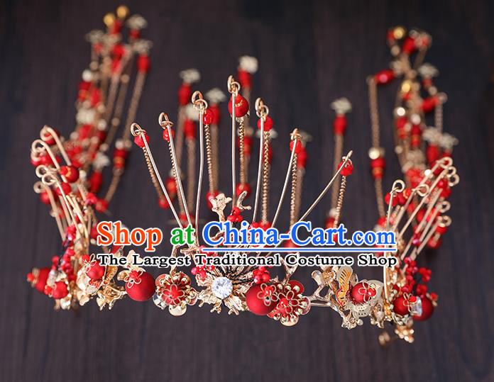 Traditional Chinese Wedding Cloisonne Red Beads Hair Clasp Tassel Hairpins Handmade Ancient Bride Hair Accessories for Women