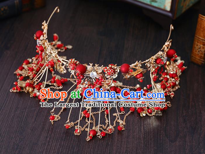 Traditional Chinese Wedding Cloisonne Red Beads Hair Clasp Tassel Hairpins Handmade Ancient Bride Hair Accessories for Women