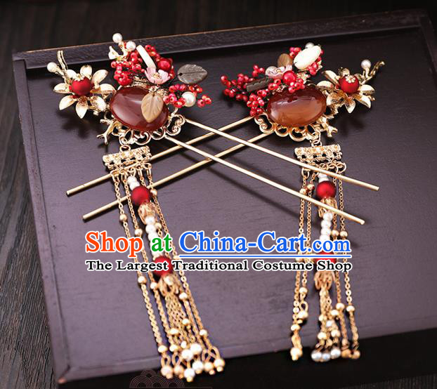 Traditional Chinese Wedding Agate Hair Clasp Tassel Hairpins Handmade Ancient Bride Hair Accessories for Women