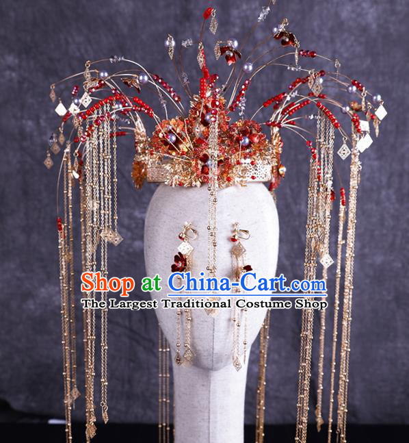 Traditional Chinese Handmade Red Beads Hair Crown Chaplet Hairpins Ancient Bride Hair Accessories for Women