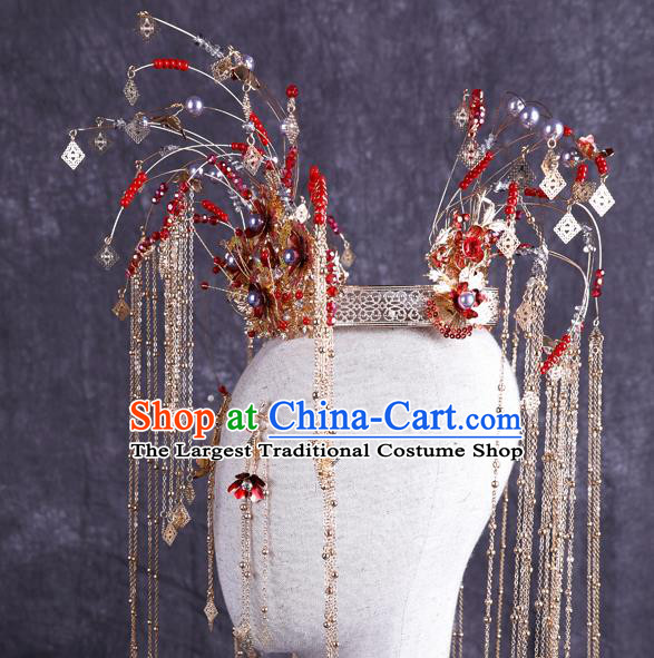 Traditional Chinese Handmade Red Beads Hair Crown Chaplet Hairpins Ancient Bride Hair Accessories for Women